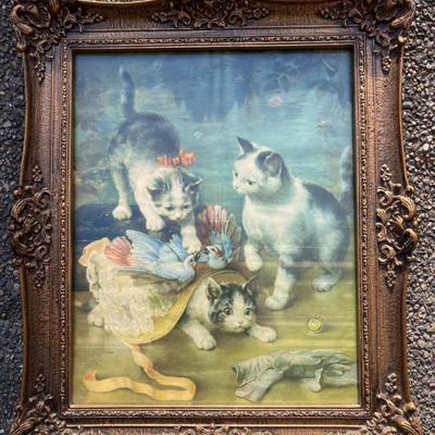 C Reichert Mischievous Kittens Vintage Lithograph-Ornate Antique Frame	A