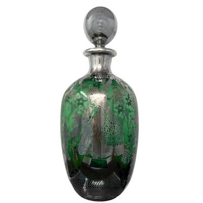 Murano Venetian Green Glass Decanter with Silver Overlay