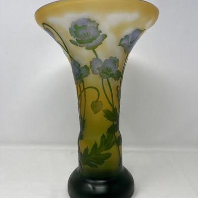 French Art Nouveau Cameo Glass Vase with Poppies