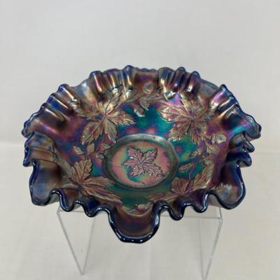 Fenton Holly Pattern Carnival Glass Ruffled Bowl – Blue Iridescent