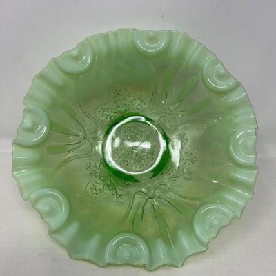 Jefferson Glass Meanser Green Opalescent Ruffle Footed Bowl	