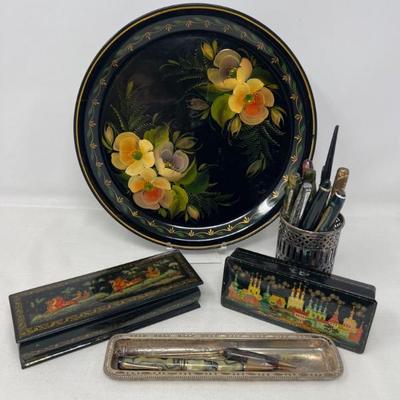 Lacquer Plate, Sterling Silver Tray & Vintage Ink & Lead Pens