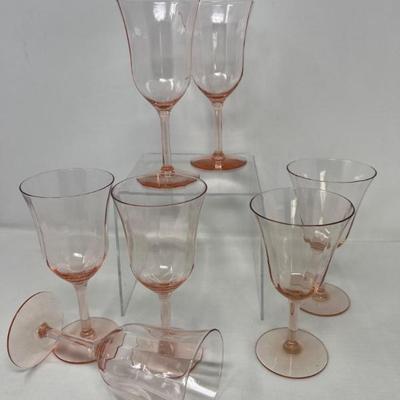 Set of 7 Pink 1930s Glass Panel Optic Stemmed Goblets