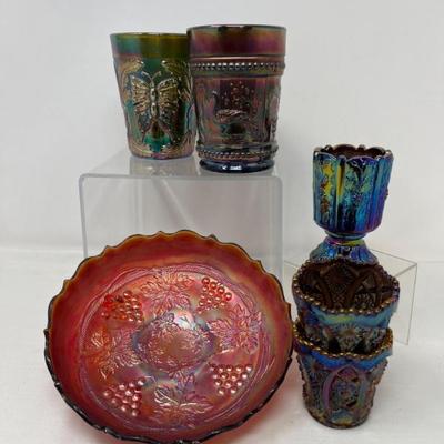 Assorted Carnival Glass – Toothpick Holders, Cups & Dish
