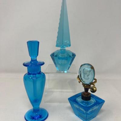Trio of Vintage Blue Glass Perfume Bottles