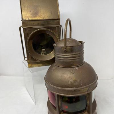 Antique Starboard Navigation Lantern & Vintage Brass Signal Lamp