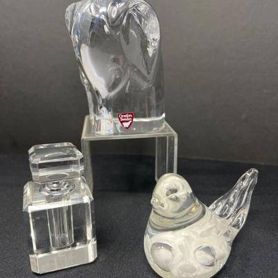 Trio of Crystal Figures - Orefors Elephant, Maud & Bob Bird & Bottle