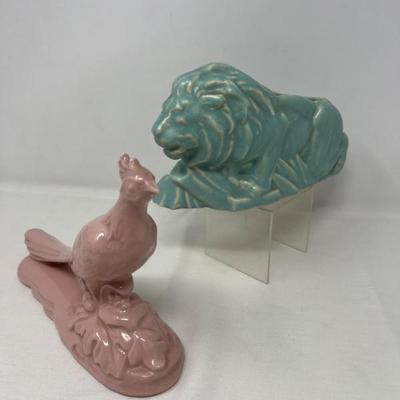 Porcelain Peacock & Rustic Chalkware Lion Planter – Pink & Teal