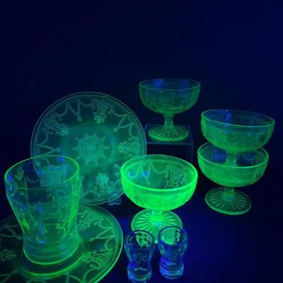 Glows with Grace – Cameo Ballerina Uranium Glass Dessert Set