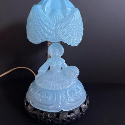 Vintage Blue Satin Glass Southern Belle Lamp with Brooches