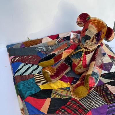 Hand Stitched Patchwork & Antique Velvet & Silk Bear - Crazy Quilt