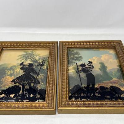 Reverse Painted Convex Glass Shepherd & Shepherdess Silouettes
