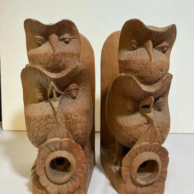 Hand Carved Wooden Owls, Bookends, Vintage