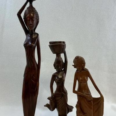 Balinese Women Wood Statuettes, 3 Pcs