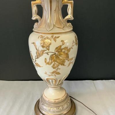 Porcelain Table Lamp With Floral Gold Gilded Motif, Vintage 