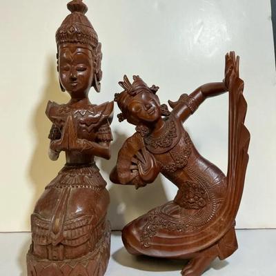Thai Carved Wood Buddha & Dancer, Signed By Artist, 2 Pcs, Vintage