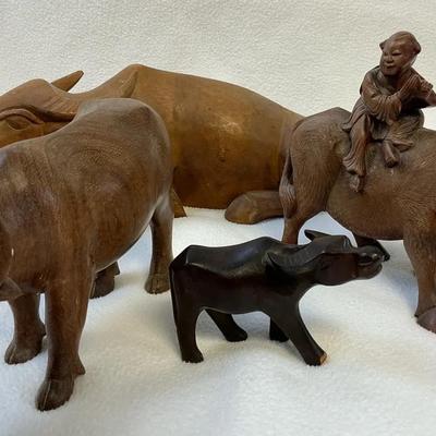 Asian Carved Wood Water Buffalo Figurines, 4 Pcs, Vintage