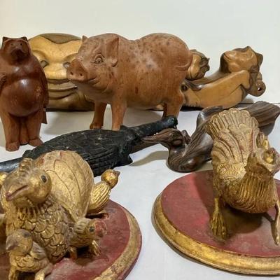 Wood Carved Animal Collection, Plus Smiling Buddha Head, Vintage 8 Pcs