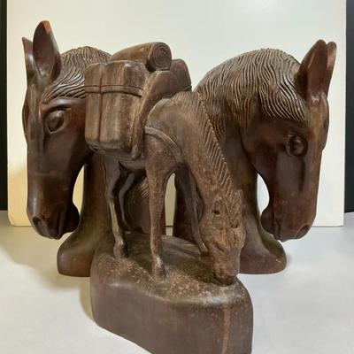 Vintage Carved Wood Large Horse Heads (pair), Plus, Horse With Cargo