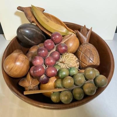 Collection Of Wooden Fruit With Large Bowl & Platter, Vintage 