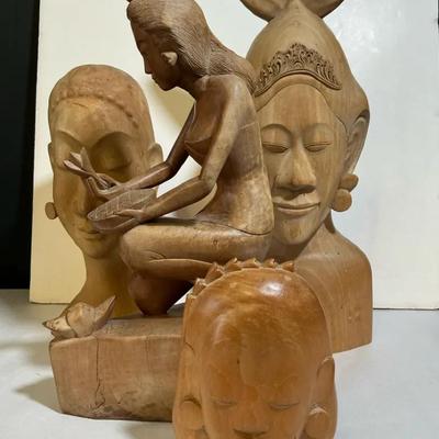Balinese Light Wood Female Busts & Seated Figure, 4 Pcs, Vintage 