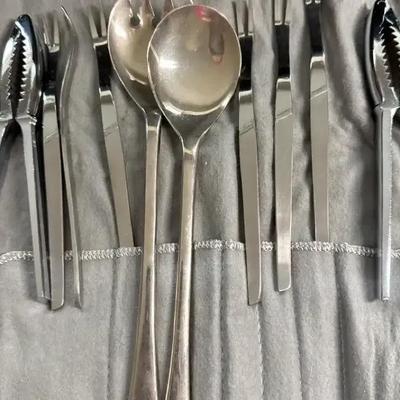 Lot 126:  Vintage Stainless Steel Seafood Dining Set – Crackers, Picks, and Serving Utensils. Italy