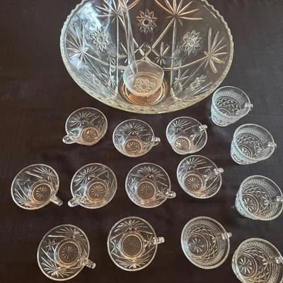 Lot 209: Glass Punch Bowl With 14 Assorted Glasses 