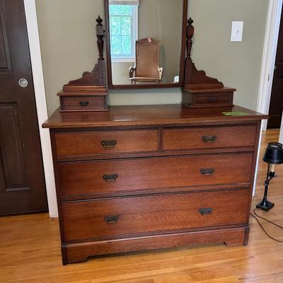 Lot 129:  Antique Mahogany Dresser with Attached Mirror