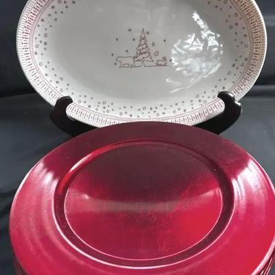 Lot 114:  Christmas Serving Platter with Red Winter Scene & Set of Red Charger Plates