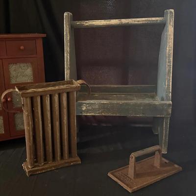 Lo5 407: Lot of Vintage & Antique Primitive Farmhouse Items – Pie Safe, Shelf, Jug, Iron, Mold