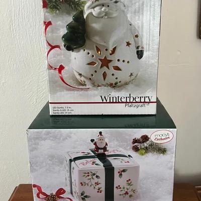 Lot 318: Pfaltzgraff Winterberry Holiday Collectibles – LED Santa & Treat Jar