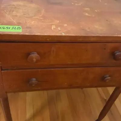 Lot 108:  Antique Two-Drawer Wooden Side Table with Turned Legs