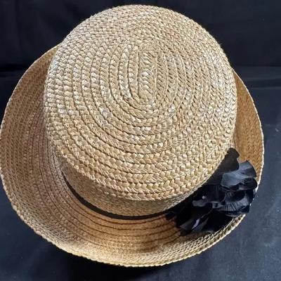 Lot 122:  Vintage Straw Sun Hat with Black Flower Accent