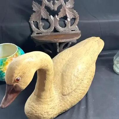 Lot 119:  Rustic Décor Lot – Hand-Carved Wooden Swan, Painted Glass Candle Bowl & Ornate Wall Shelf