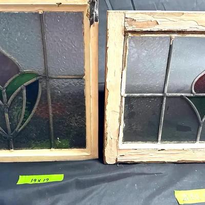 Lot 107:  Pair of Antique Leaded Stained Glass Window Panels – Geometric Floral Motifs (19”x17” & 20