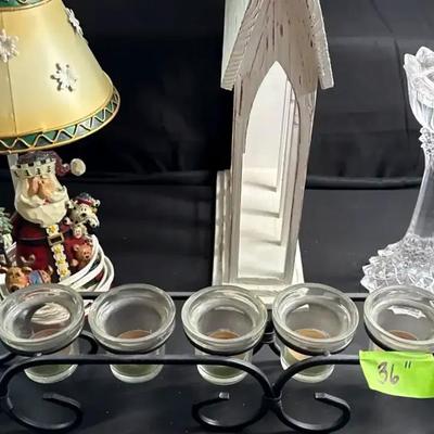 Lot 104: Lot of Decorative Home & Holiday Items – Santa Lamp, Crystal Vase, Candleholder, Wooden 