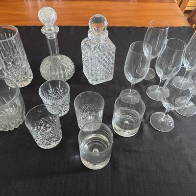 Lot 212: Cut Glass Wine Decanters, Beer Mug, Wine Glasses, High Ball Glasses 