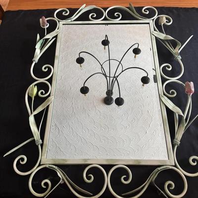 Lot 228: French Country Decorative Wrought Iron Mirror With Floral Accents