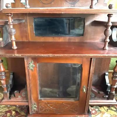 Lot 111:  Antique Victorian Mahogany Wall Shelf with Mirrored Back and Cabinet