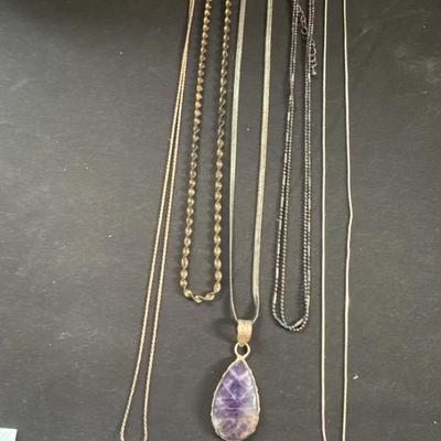 Lot 126:  Silver Vintage Necklace Lot – Amethyst Pendant, Cloisonné Charm & Mixed Chains 