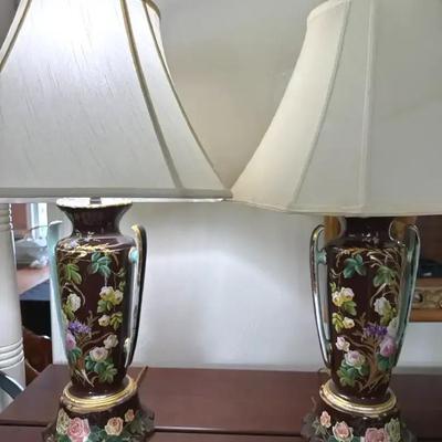 Lot 121:  Pair of Vintage Hand-Painted Floral Ceramic Table Lamps with Shades