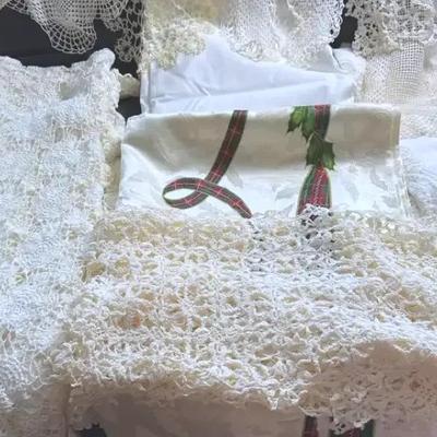 Lot 113:  Lot of Vintage Hand-Crocheted & Lace Doilies, Runners, and Table Linens