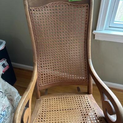 Lot 131:  Vintage Wooden Cane-Back Rocking Chair with Scroll Arms