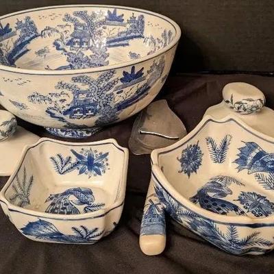 Sale Photo Thumbnail #4: Delft Blue Asian-Inspired Ceramic Bowl & Serving Set
