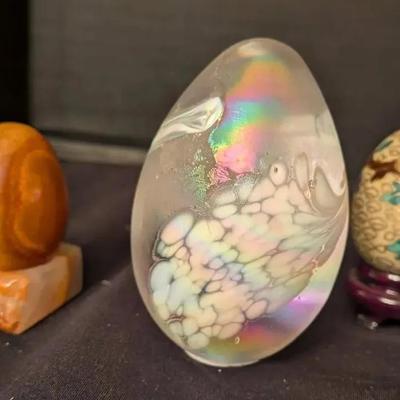 Sale Photo Thumbnail #28: Decorative Egg Trio – Glass, Stone & Cloisonné