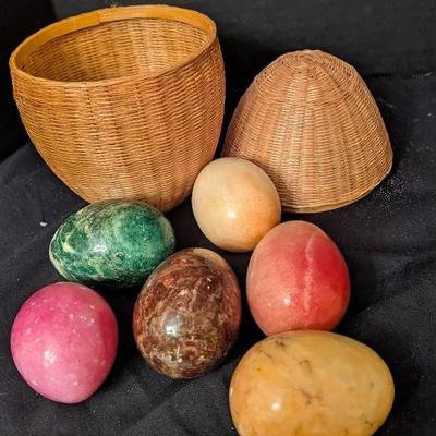 Sale Photo Thumbnail #45: Lot of Stone Decorative Eggs with Woven Basket