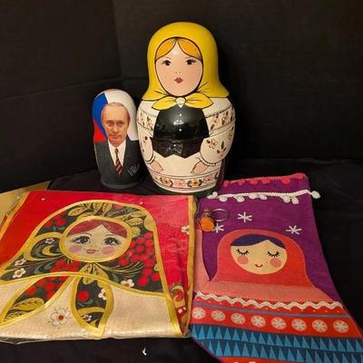 Sale Photo Thumbnail #5: Russian Matryoshka Nesting Doll Lot with Apron & Stocking