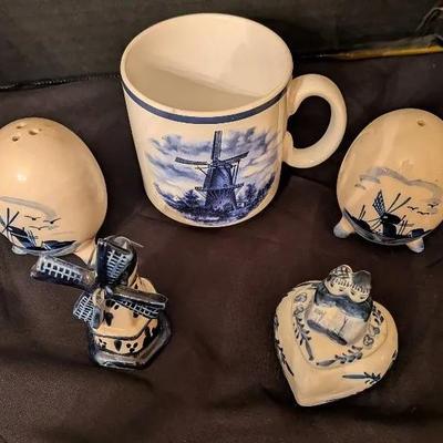 Sale Photo Thumbnail #1: Dutch Delft Blue Ceramic Collection – Mug & Salt/Pepper Shakers