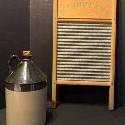 Sale Photo Thumbnail #88: Vintage Stoneware Jug & “Sunnyland” Galvanized Washboard Set