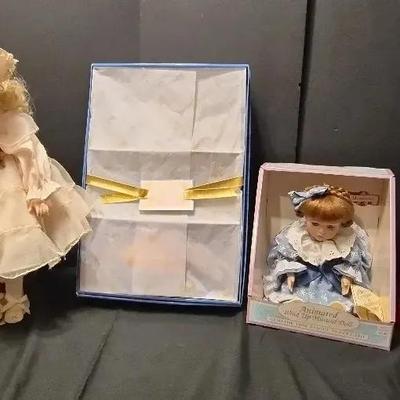 Sale Photo Thumbnail #31: Dolls: Graduation Barbie, Coca-Cola Barbie, Harpist Angel Barbie, and Porcelain Dolls. 